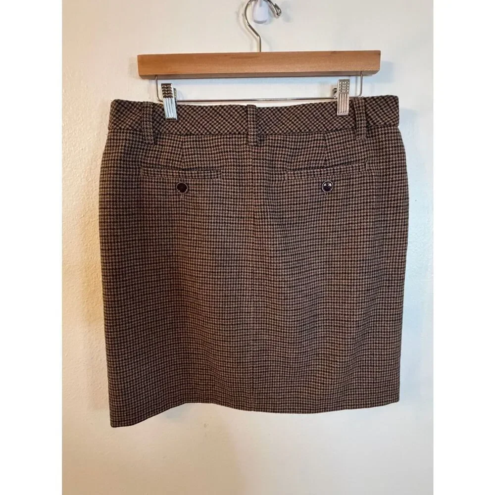 Eddie Bauer Skirt Wool Brown Houndstooth Fully Lined Front Zip Size 10 Pockets